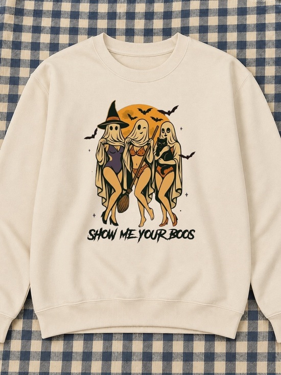 Gildan Tops - Show Me Your Boos Halloween Ghost Trio Sweatshirt - Off white